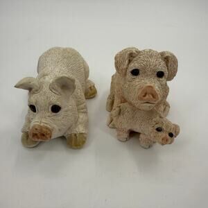 STONE CRITTERS Vintage Carved Pig Figurines Signed 1984 Made in USA